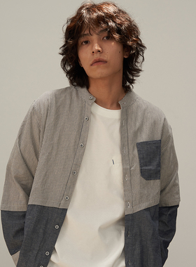 ziilam枝蓝 衬衫烟灰色棉麻条纹复古立领拼接休闲长袖男女同款