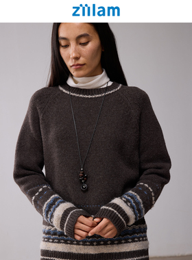 ziilam枝蓝 费尔岛圆领毛衣美利奴羊毛套头提花保暖松弛针织衫女