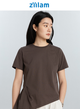 ziilam枝蓝 不对称T恤女款纯棉咖色白色简约百搭打底纯色短袖上衣