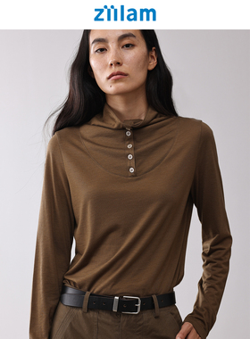 ziilam枝蓝 堆领系扣长袖T羊毛混纺天丝25秋慵懒松弛感内搭T恤女