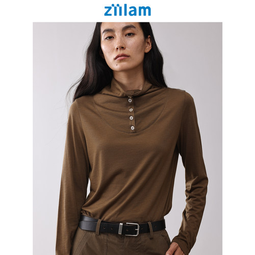 ziilam枝蓝堆领系扣天丝长袖T