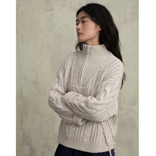 ziilam枝蓝 绞花半拉链毛衣女米色高领温柔宽松针织毛衣秋冬慵懒