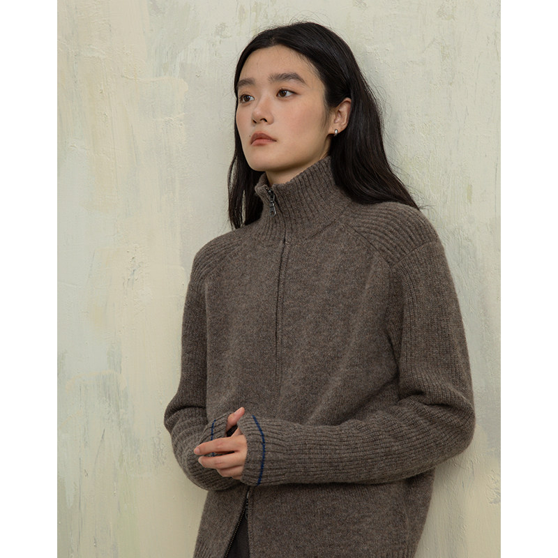 ziilam枝蓝 拉链毛衣外套女咖色高领立领纯羊毛开衫修身显瘦秋冬