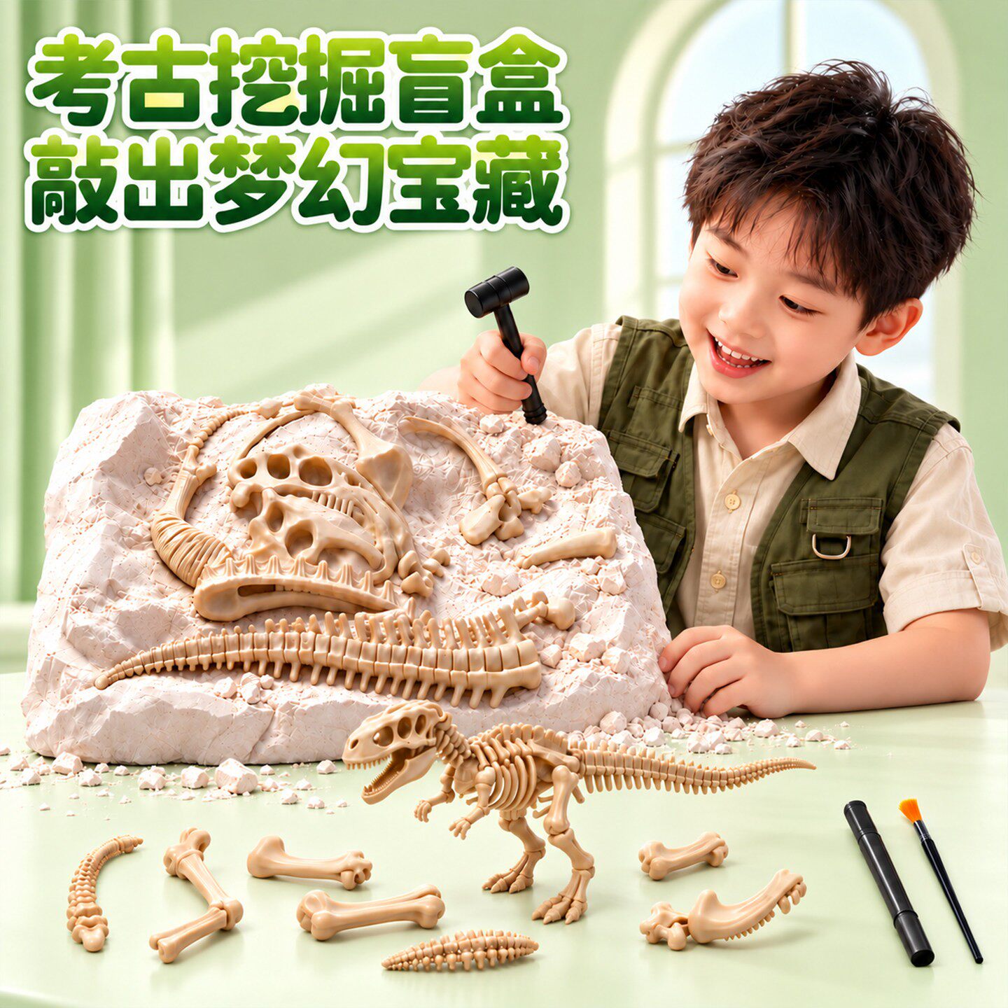 恐龙化石考古挖掘玩具儿童益智挖宝石手工DIY骨架拼装科普礼物