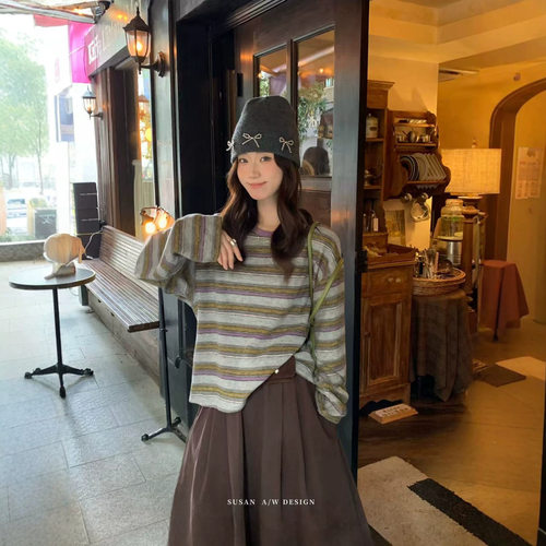 SUSAN 条纹！复古杂色混纺松弛感显瘦加厚磨毛条纹长袖T恤