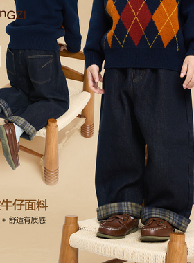 现货【英伦翻边】复古儿童冬季加绒加厚奥粒绒格子牛仔CU253319