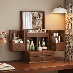 实木化妆品收纳盒桌面高级感大容量护肤品首饰盒一体带镜子收纳柜