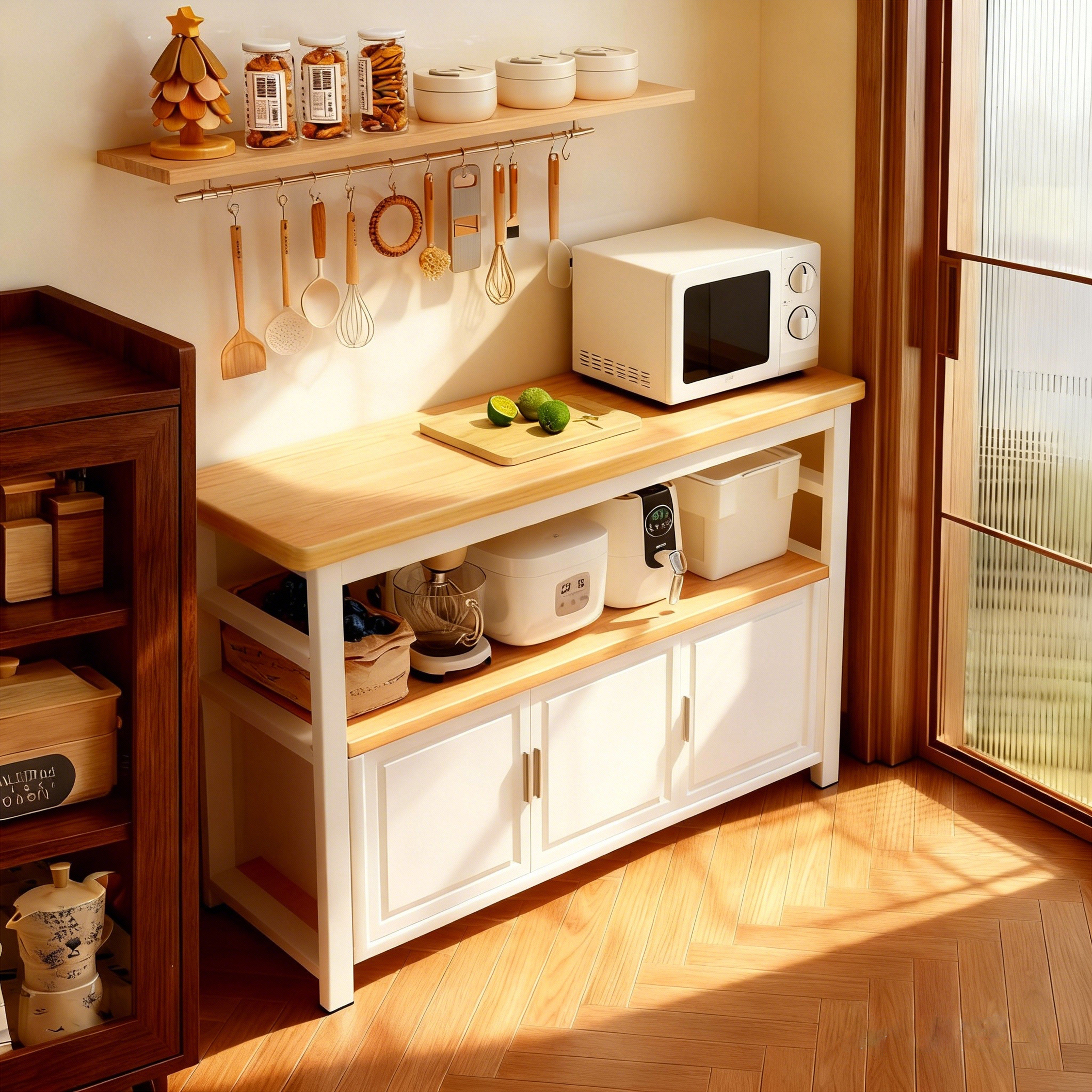 原木风厨房多功能工作台置物架小家电收纳层架家用靠墙微波炉收纳