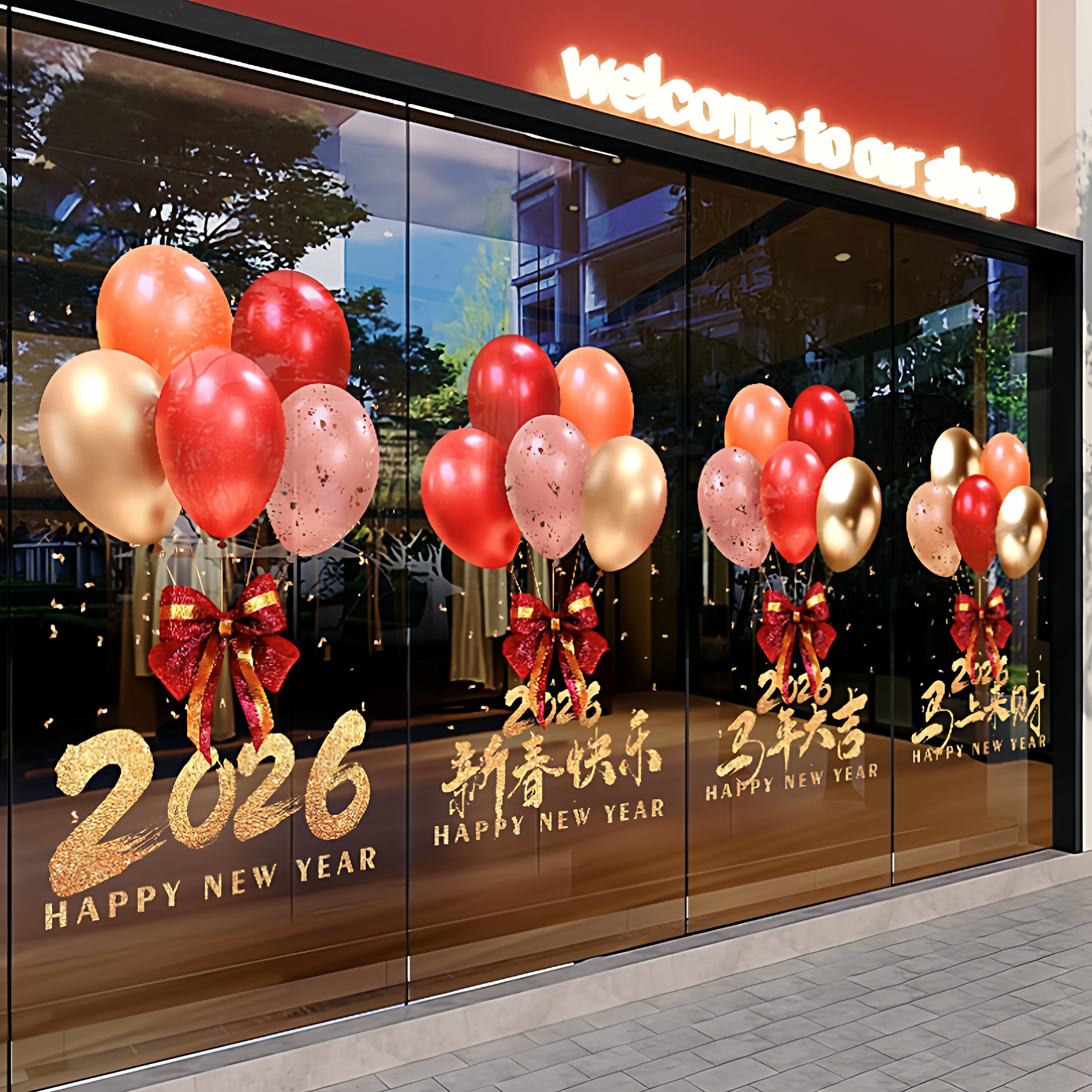 新年春节玻璃门贴纸静电气球贴2026马年商场装饰窗花元旦过年窗贴
