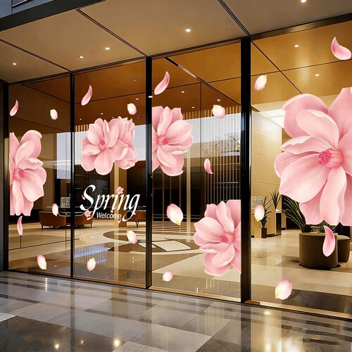 樱花商场服装咖啡美容店玻璃门橱窗装饰窗花布置春季上新静电贴画