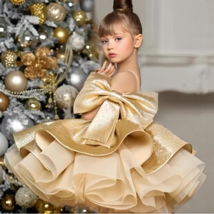 新款金色缎面周岁礼服洋气女宝宝公主裙生日生日宴主持人礼服
