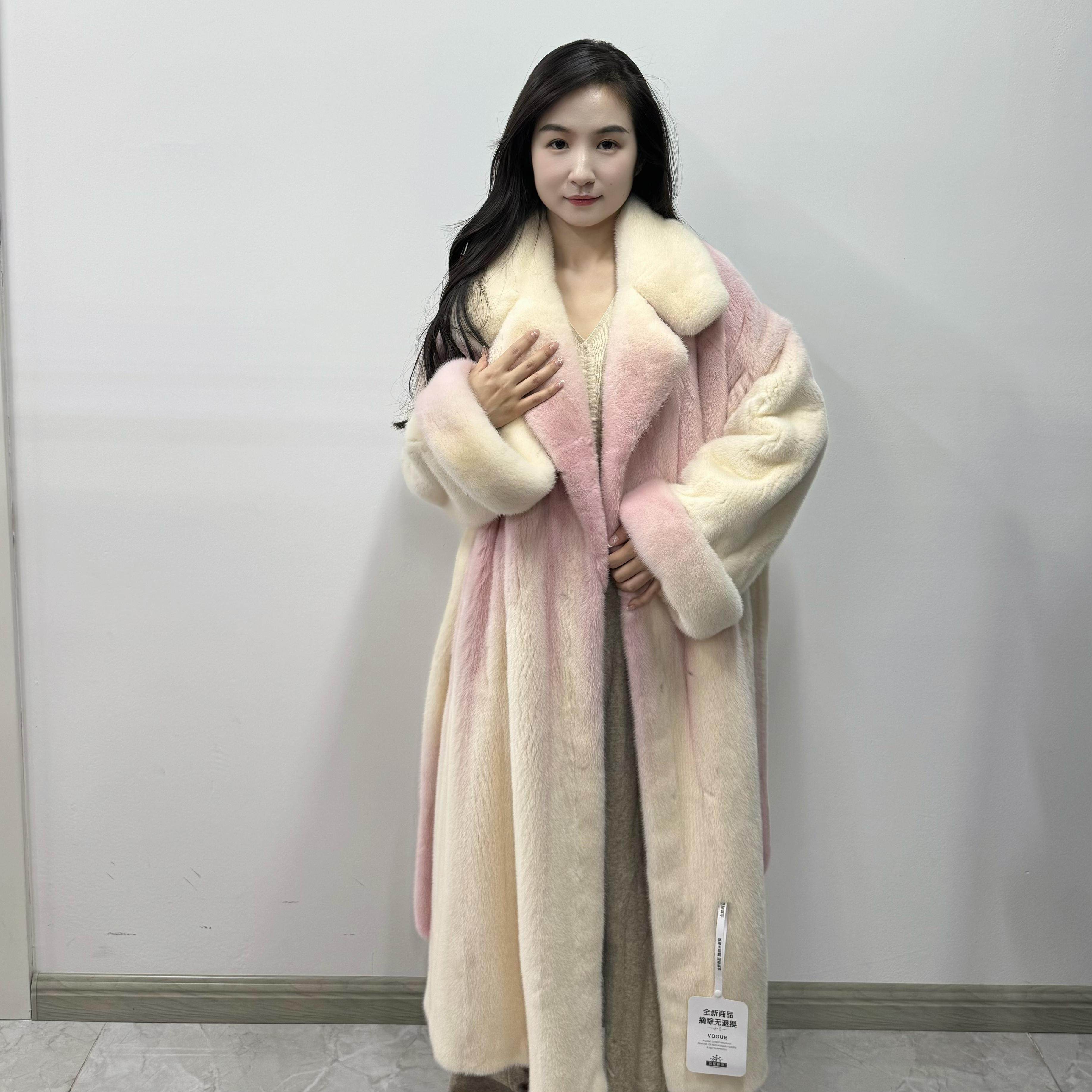【GZ皮草】2024年冬季新款水蜜桃渐变色西服领腰带款水貂长款外套