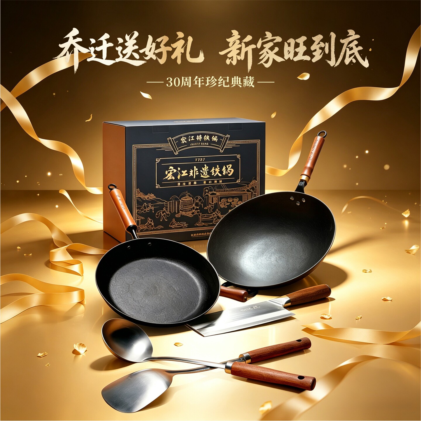 宏江乔迁送礼铁锅礼盒套装炒锅煎锅刀具铲勺全套家用厨具大礼包