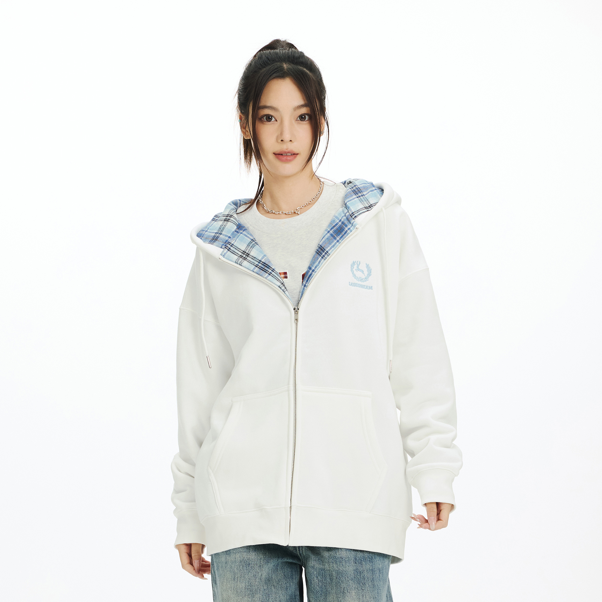 LKOD新款格子拼接情侣拉链帽衫