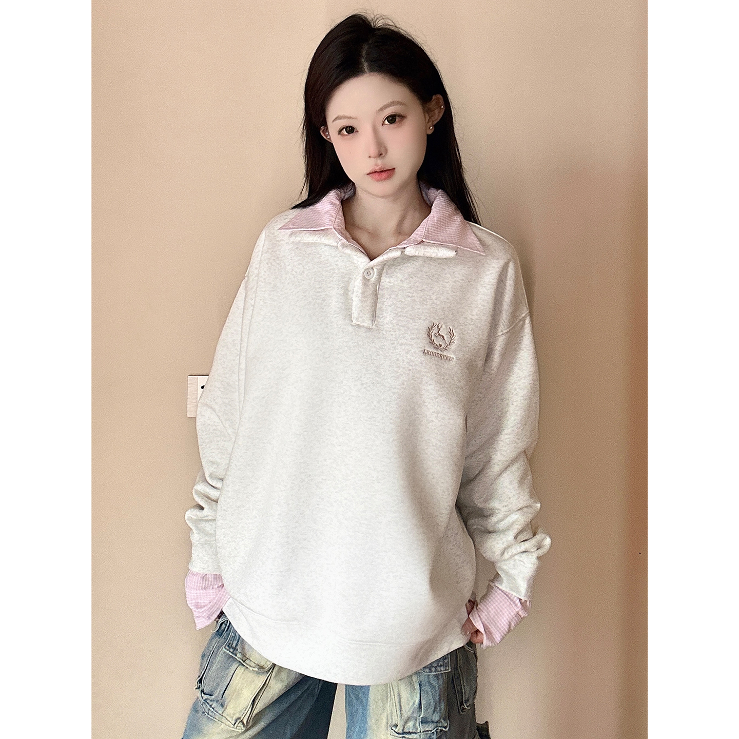 LKOD刺绣格子拼接情侣Polo卫衣