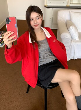 LKOD2025秋冬红色羚羊刺绣拼接夹克潮牌短情侣男女外套