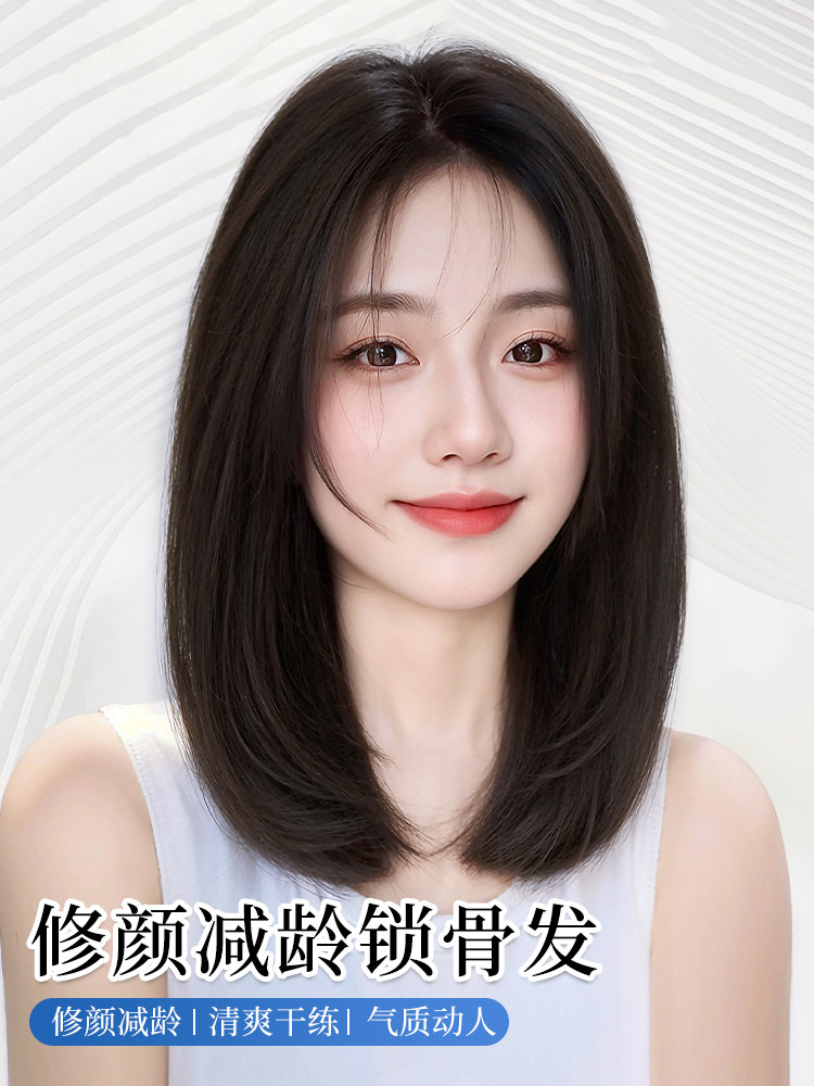 全假发的妇女，自然手工交付的中长发，全头饰，减少年龄的短发，