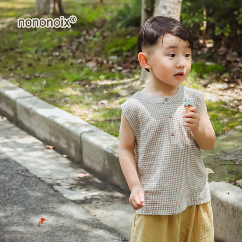 【断码特惠】复古格子纯棉男宝宝无袖衬衫薄款中式儿童坎袖背心夏