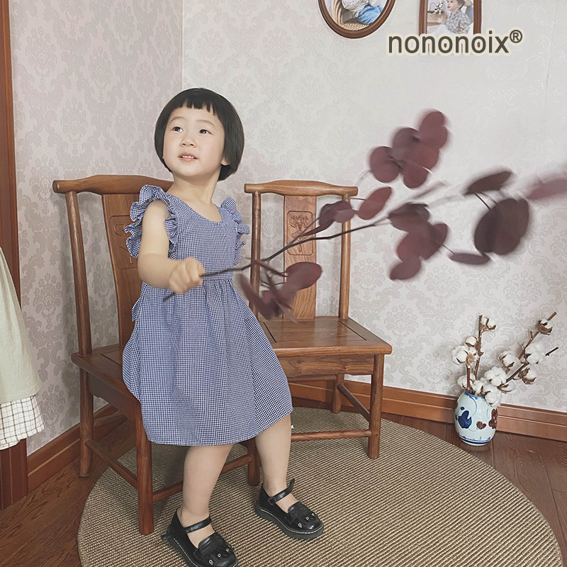 【清仓】纯棉格子法式女童连衣裙夏季系带无袖小飞袖花边裙子洋气