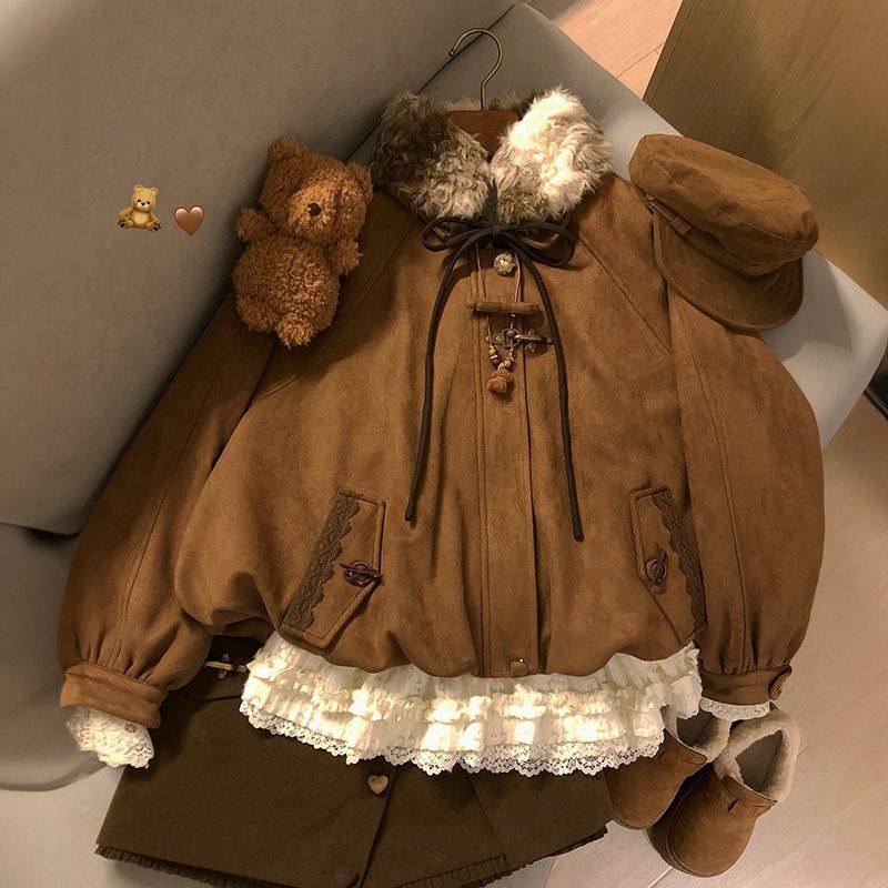 可拆卸毛领棕色夹棉花苞外套女秋冬季小个子宽松加厚保暖棉衣棉服