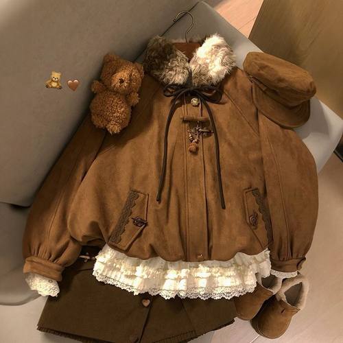 可拆卸毛领棕色夹棉花苞外套女秋冬季小个子宽松加厚保暖棉衣棉服