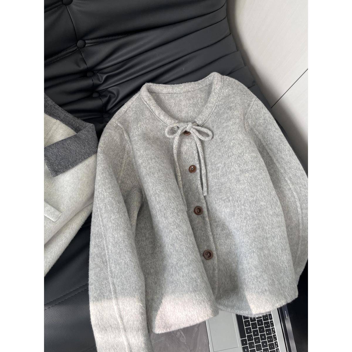 灰色短款呢子大衣女秋冬季2025新款毛呢外套高级感小个子韩系气质