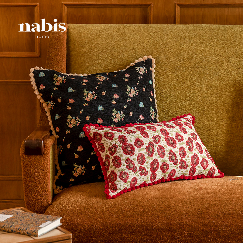 直销虞美人抱枕复古美式氛围感红色腰枕靠枕客厅沙发背靠垫定制