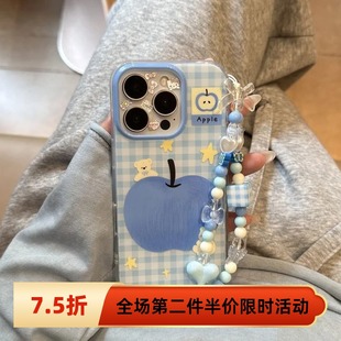 opporeno14小众findx8s 日韩蓝格纹小熊适用16promax手机壳iPhone15Pro新款 少女心vivos30promini小米华为