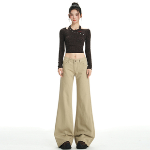 RTRX美式复古卡其色微喇牛仔裤女通勤百搭垂感宽松显瘦拖地长裤子