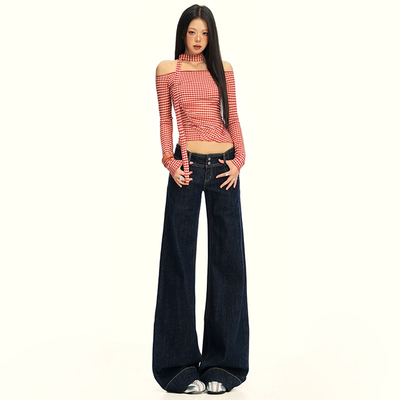 RTRX美式复古低腰不贴腿微喇牛仔裤女通勤百搭修身显瘦微弹长裤子