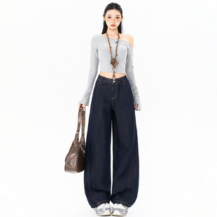 RTRX慵懒风高腰阔腿牛仔裤女丹宁蓝色设计感百搭宽松显瘦垂感长裤