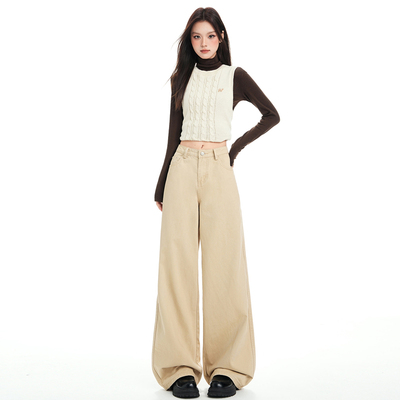 RTRX美式复古浅卡其色宽松阔腿牛仔裤女百搭宽松显瘦垂感直筒长裤