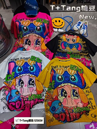 T+Tang Jelly Bean European Trendy Brand Rhinestone Cartoon Girl Short-Sleeve T-Shirt Loose Oversized Women's Summer New Style 12565