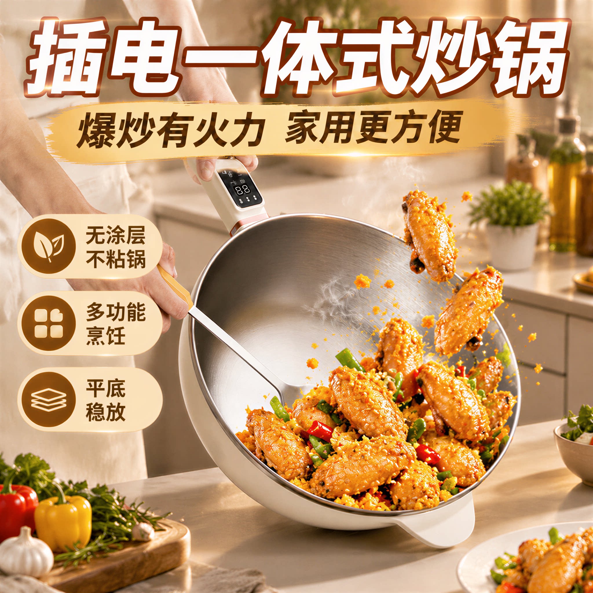 插电炒锅家用一体式爆炒多功能小炒锅平底不粘锅无涂层耐用省电