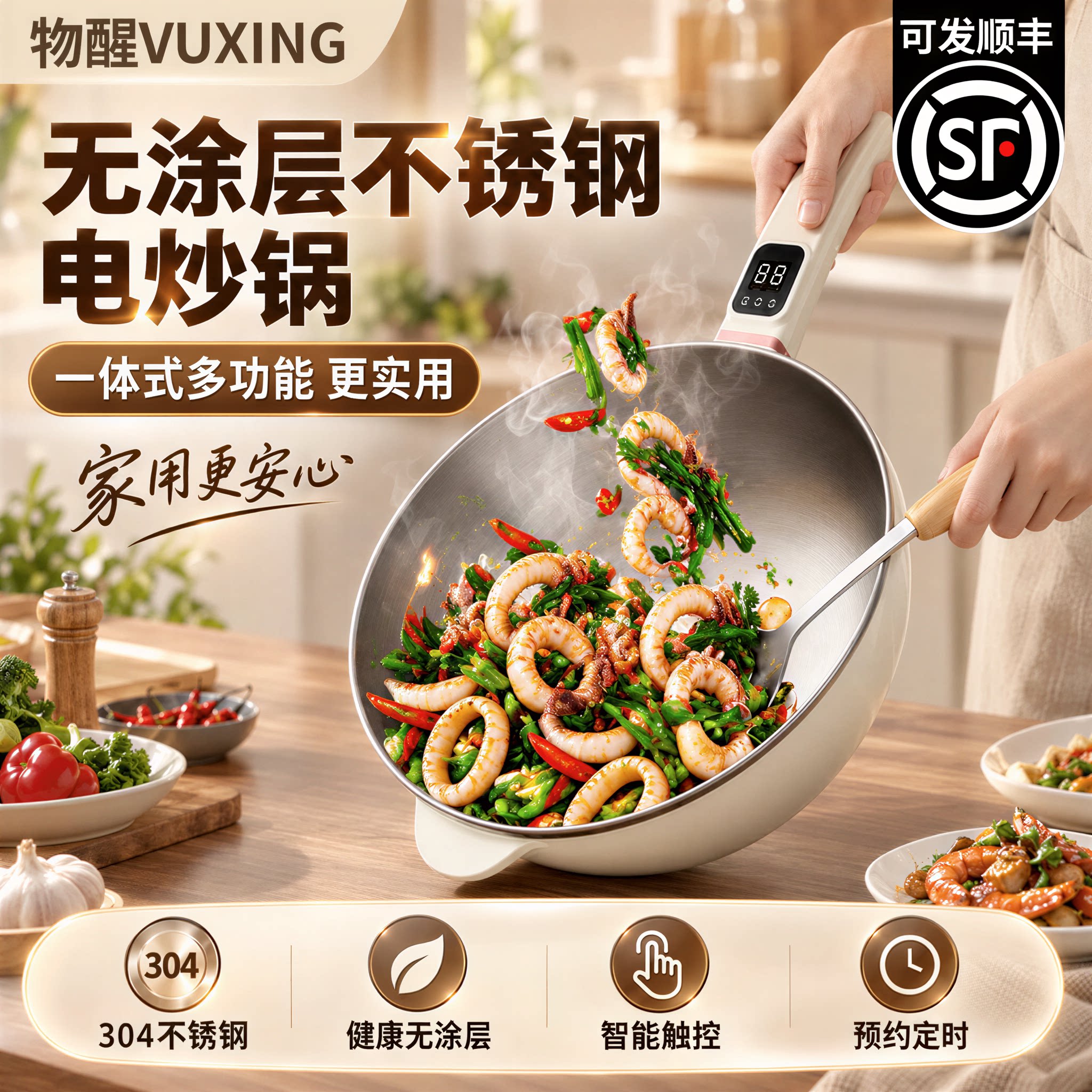 无涂层不锈钢电炒锅家用一体式多功能炒菜蒸煮炖涮预约定时实用