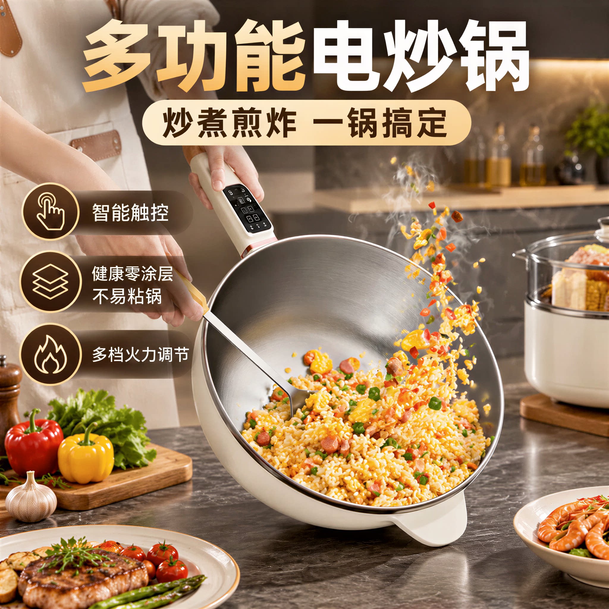 电炒锅炒菜专用平底不粘锅家用多功能蒸煮一体小型煎炒涮煮神器