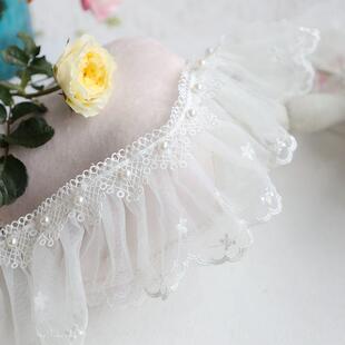 高品优质双层钉珠精密皱褶蕾丝花边珍珠服装 衣领婚纱材辅料