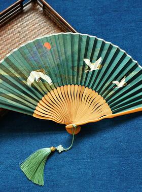 扇子棕骨飞鹤汉服旗袍折扇中国风舞蹈扇女夏季折叠古装复古典古