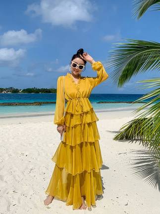 长袖沙滩裙2021新款海南衣服三亚海边度假超仙连衣裙波西米亚长裙