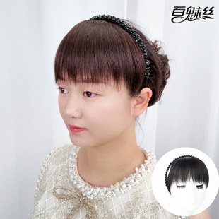百魅丝 黑色仿水钻发箍刘海一体全真发前额遮白发假发片头帘头箍