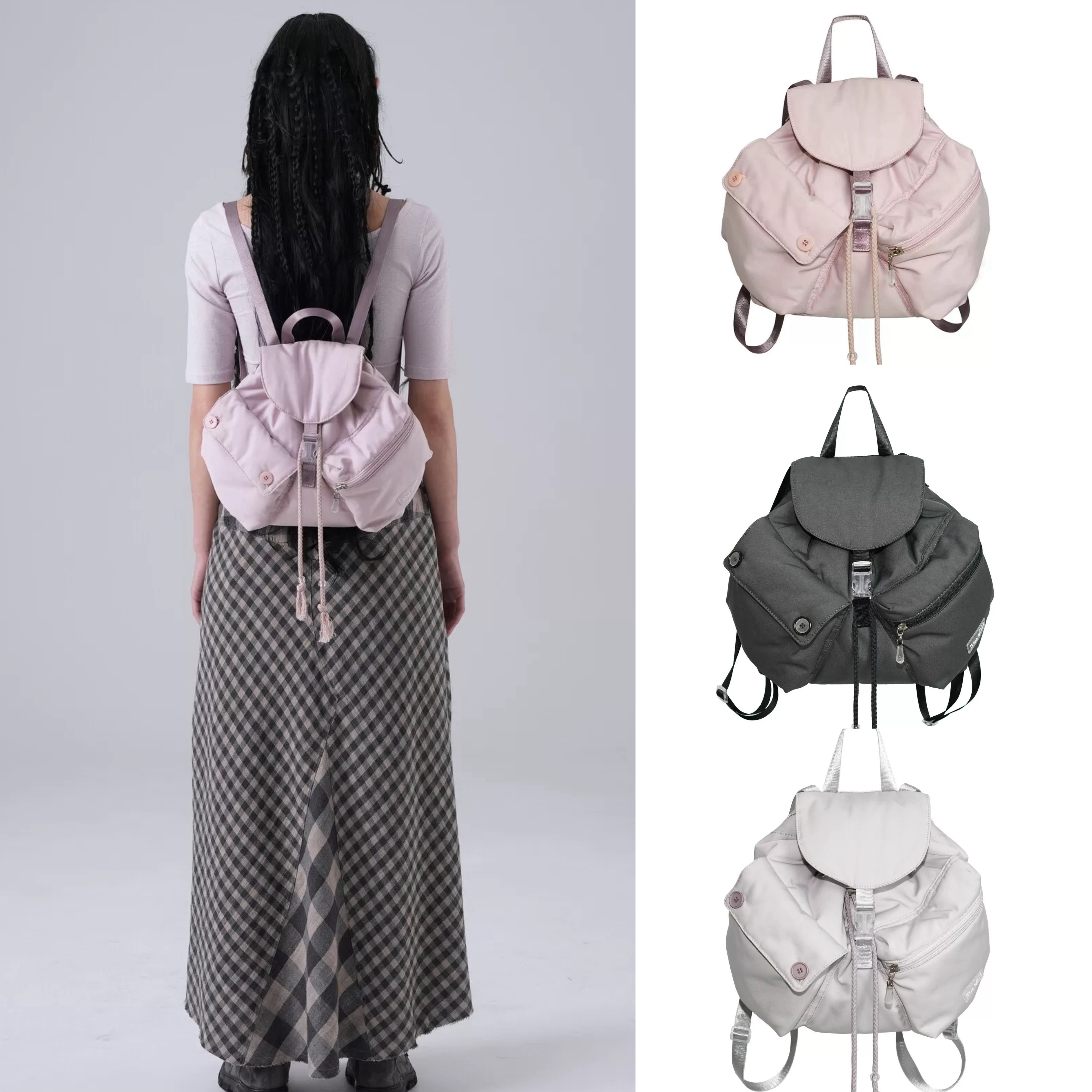 现货秒发tensedance赵露思同款百搭可爱多口袋尼龙抽绳双肩包女