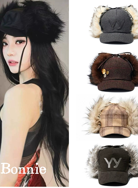 现货秒发 OPENYY 25秋冬新款格纹复古仿毛皮翻边雷锋护耳帽棒球帽