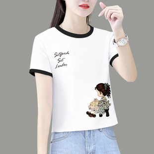 小衫 小个子高腰短款 撞色上衣0420d t恤女2026新款 白色正肩短袖