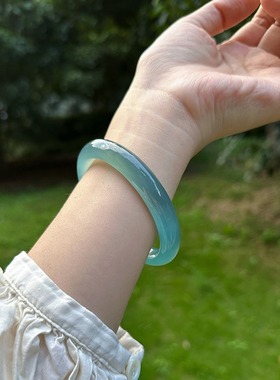 天然冰种玉髓新中式天然高冰透库里蓝玛瑙手镯显镯女款玉镯送女友