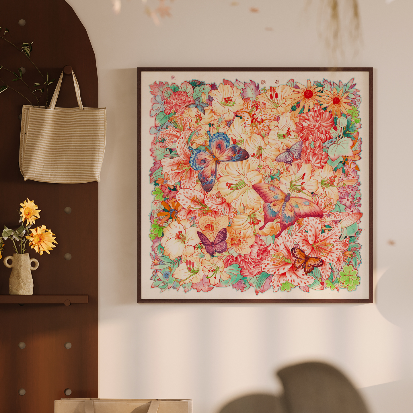 张文学 蝶语图九鱼图挂画方形国潮玄关挂画餐厅客厅中古风装饰画图片