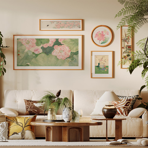 冰青荷花水墨荷塘实木装饰画