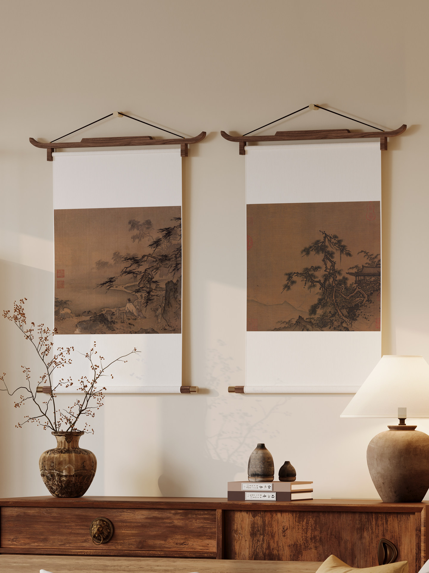 宋式飞檐卷轴 玄关中式宋代美学挂画马远山水画办公室书房茶挂轴