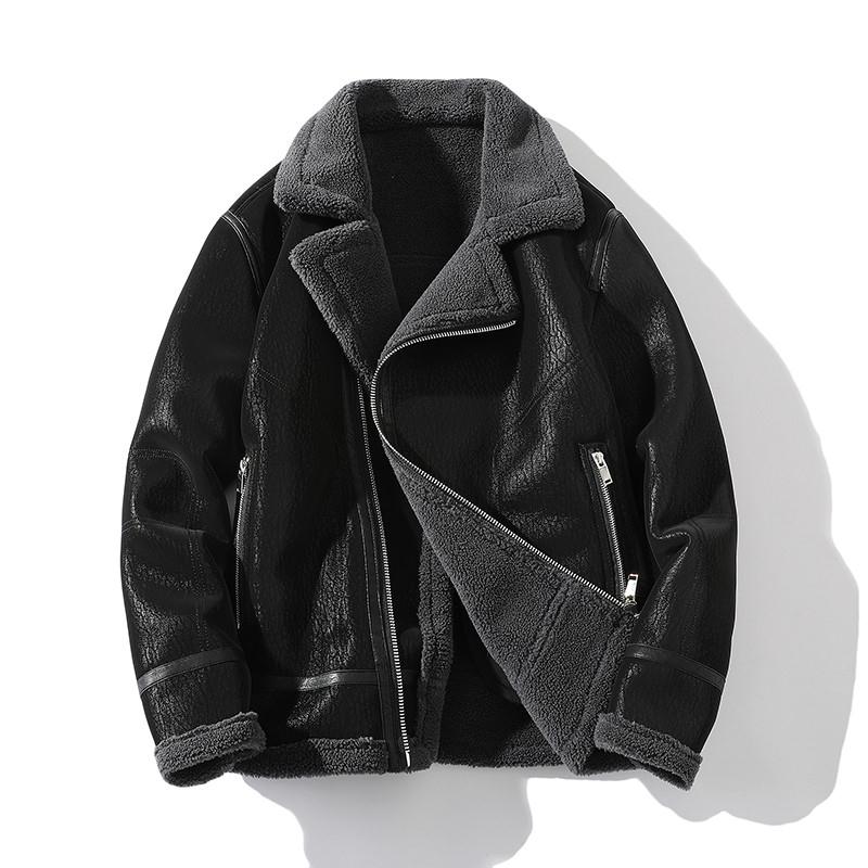 皮毛一体男士冬季大码加绒加厚皮衣短款机车服皮袄男装羊羔毛外套