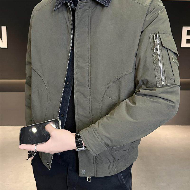 高级感工装羽绒服男冬季新款潮牌痞帅牛仔拼接假两件白鸭绒外套男