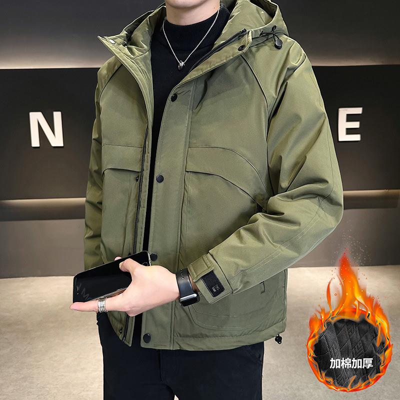 加棉加厚外套男士秋冬季潮牌连帽冲锋衣工装夹克休闲百搭二棉服男